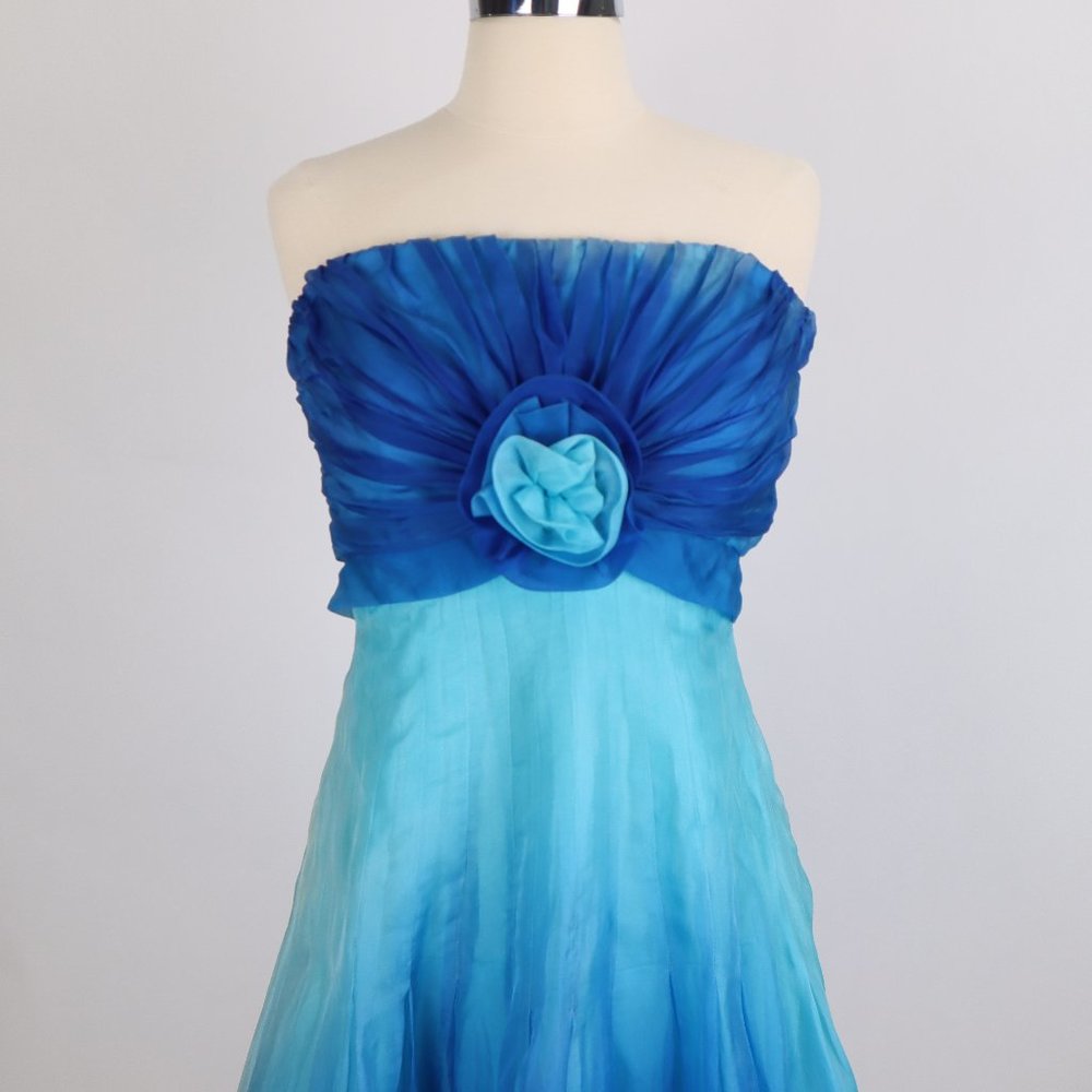 Tadashi Strapless Blue Ombre Chiffon Ruched Flower Dress Gown Party Cocktail